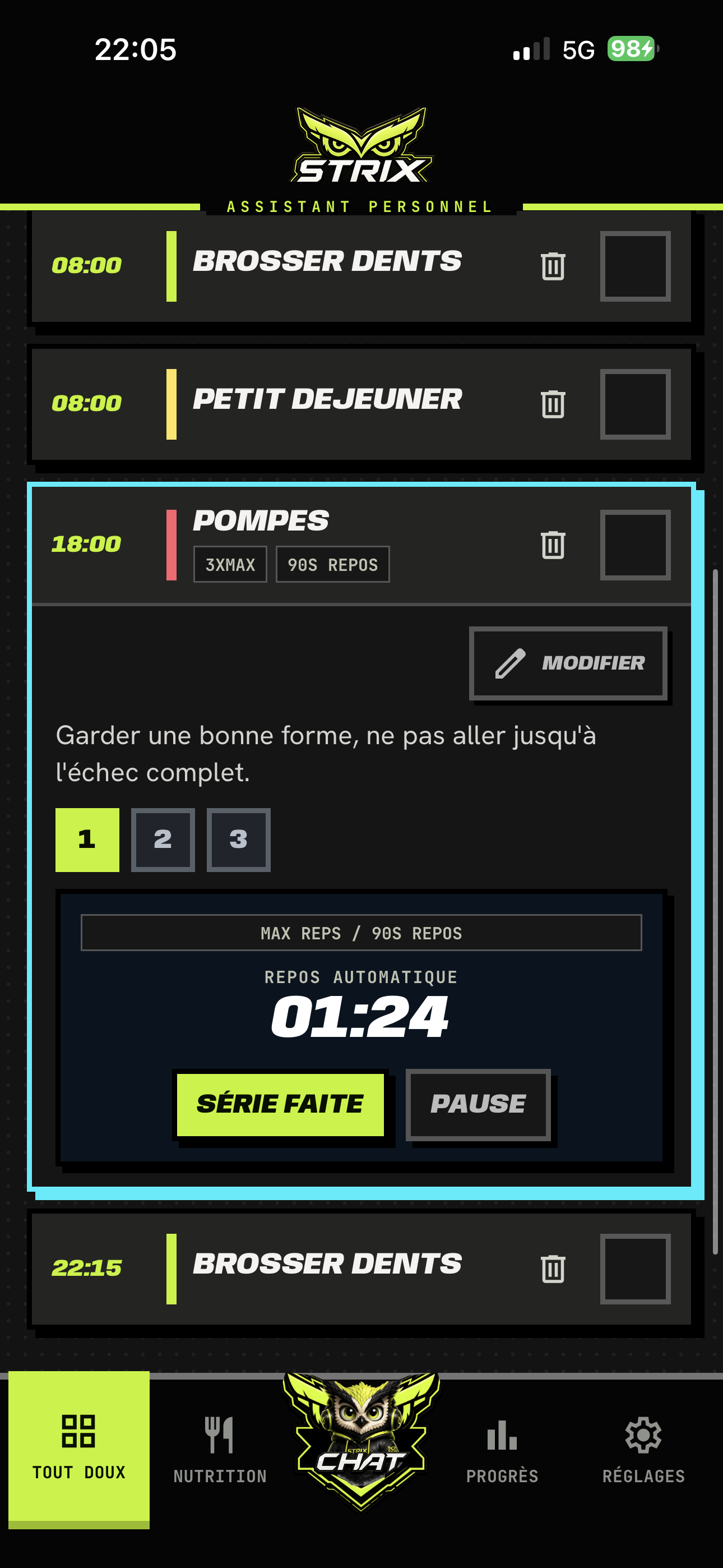 Écran TOUT DOUX de l'app STRIX